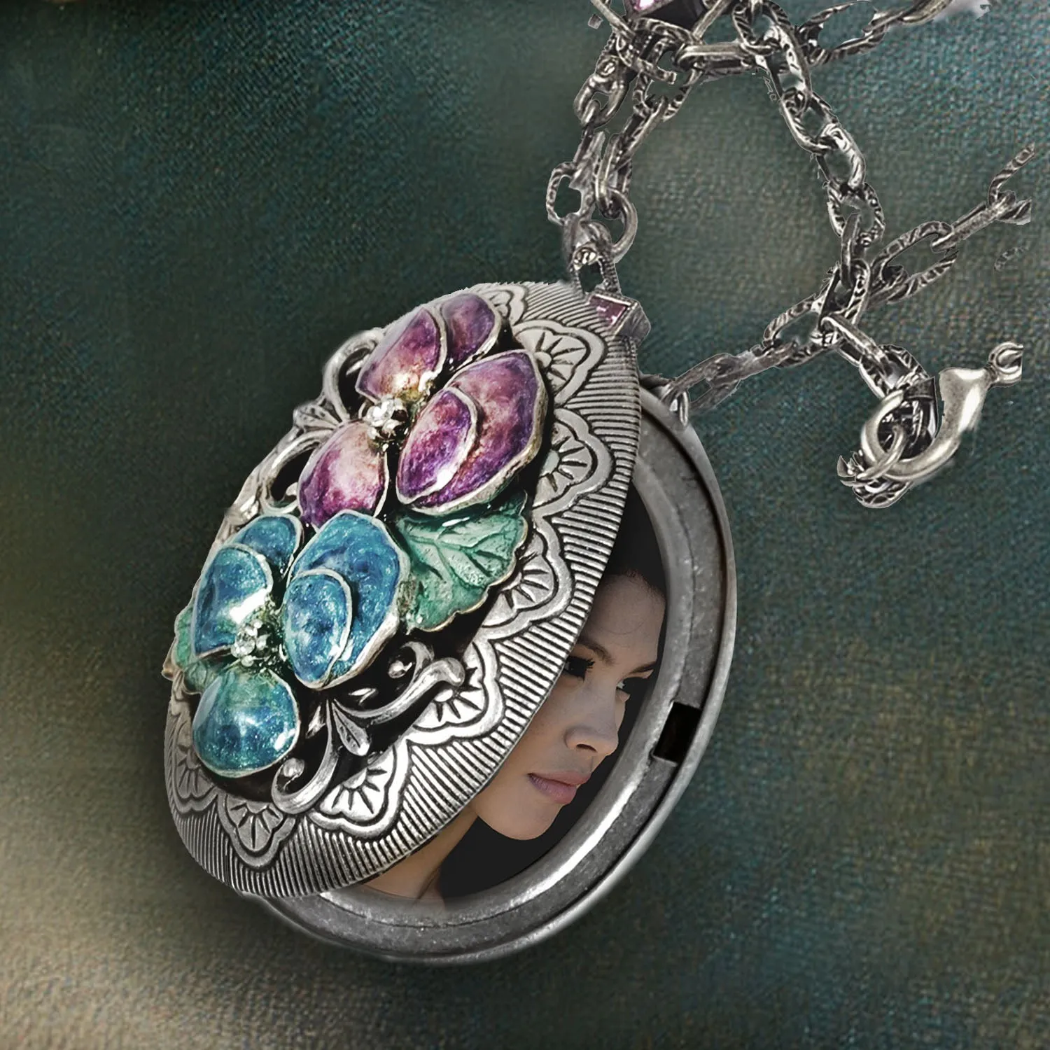 Enamel Pansy Silver Locket sold by Sweet Romance