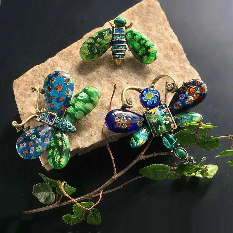 Millefiori Glass Insect Pins Set of 3 Blue Green made by Sweet Romance