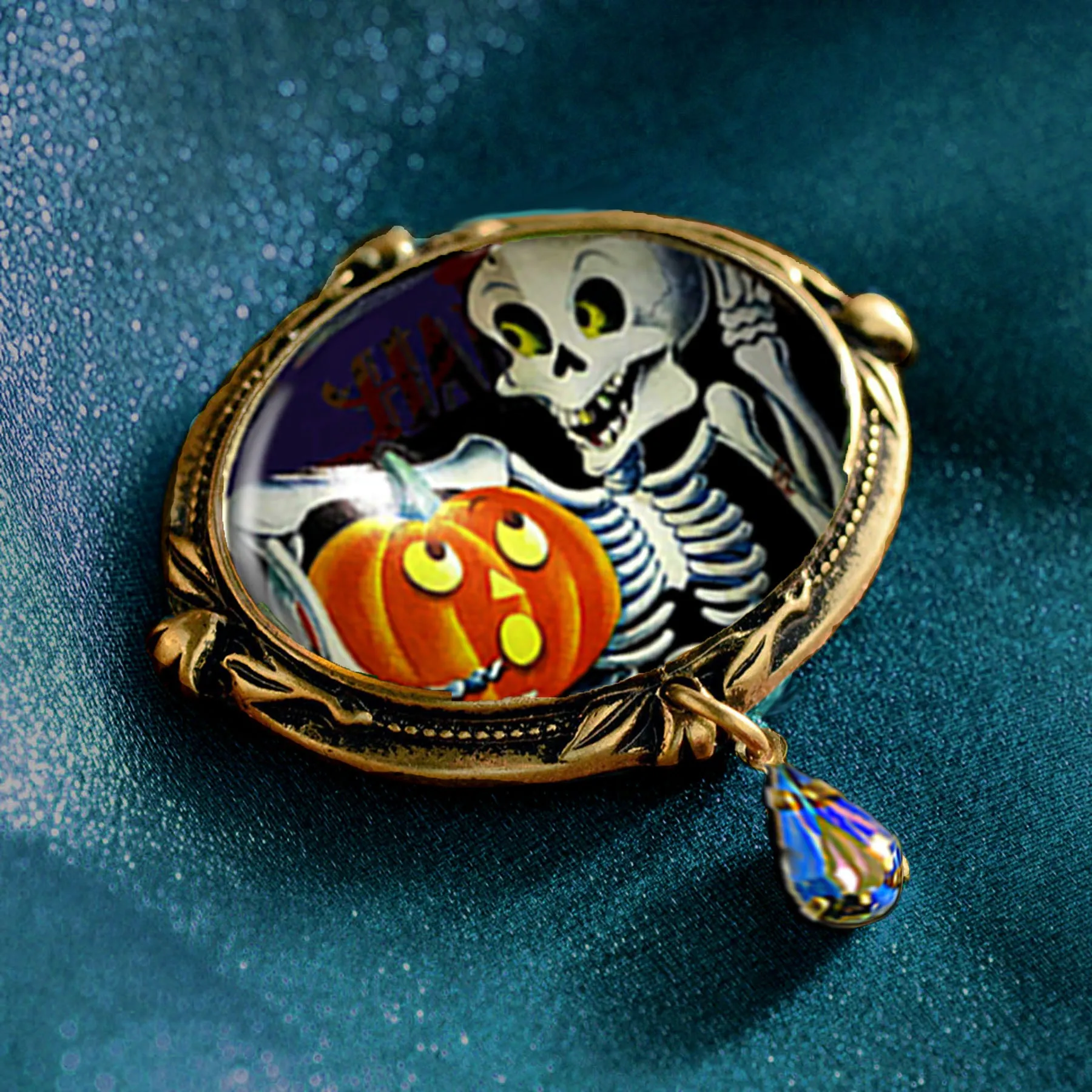 Skeleton and Pumpkin Retro Halloween Pin sold by Sweet Romance