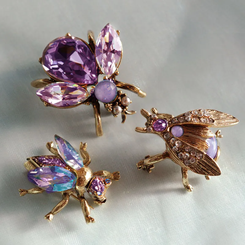 Set of 3 Crystal Bee Pins in Lilac, Lavender and Orchid P5280 made by Sweet Romance