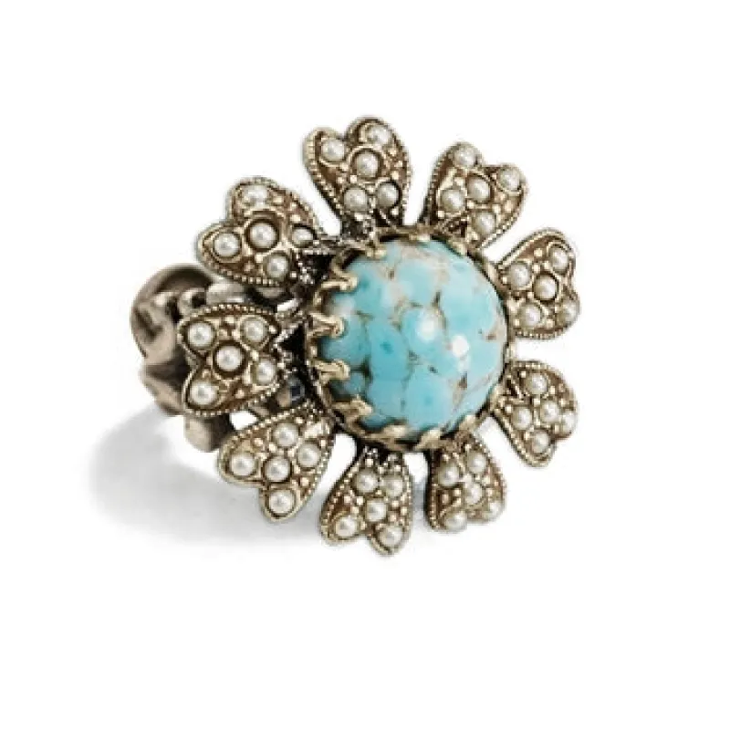 Turquoise & Pearl Flower Ring R517 sold by Sweet Romance
