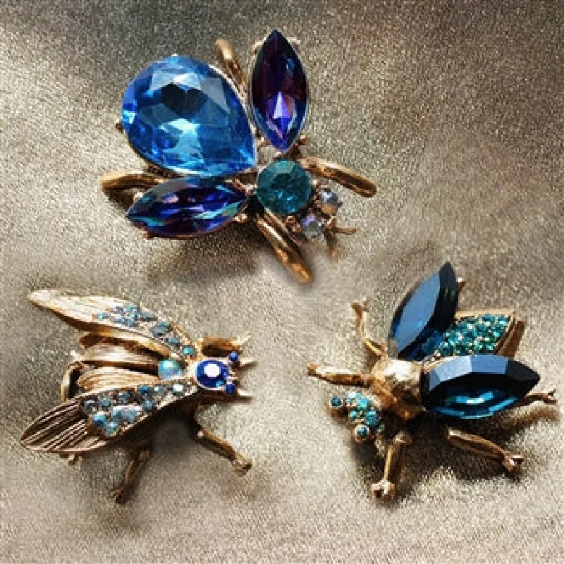 Set of 3 Vintage Bee Pins in Heliotrope Blues made by Sweet Romance