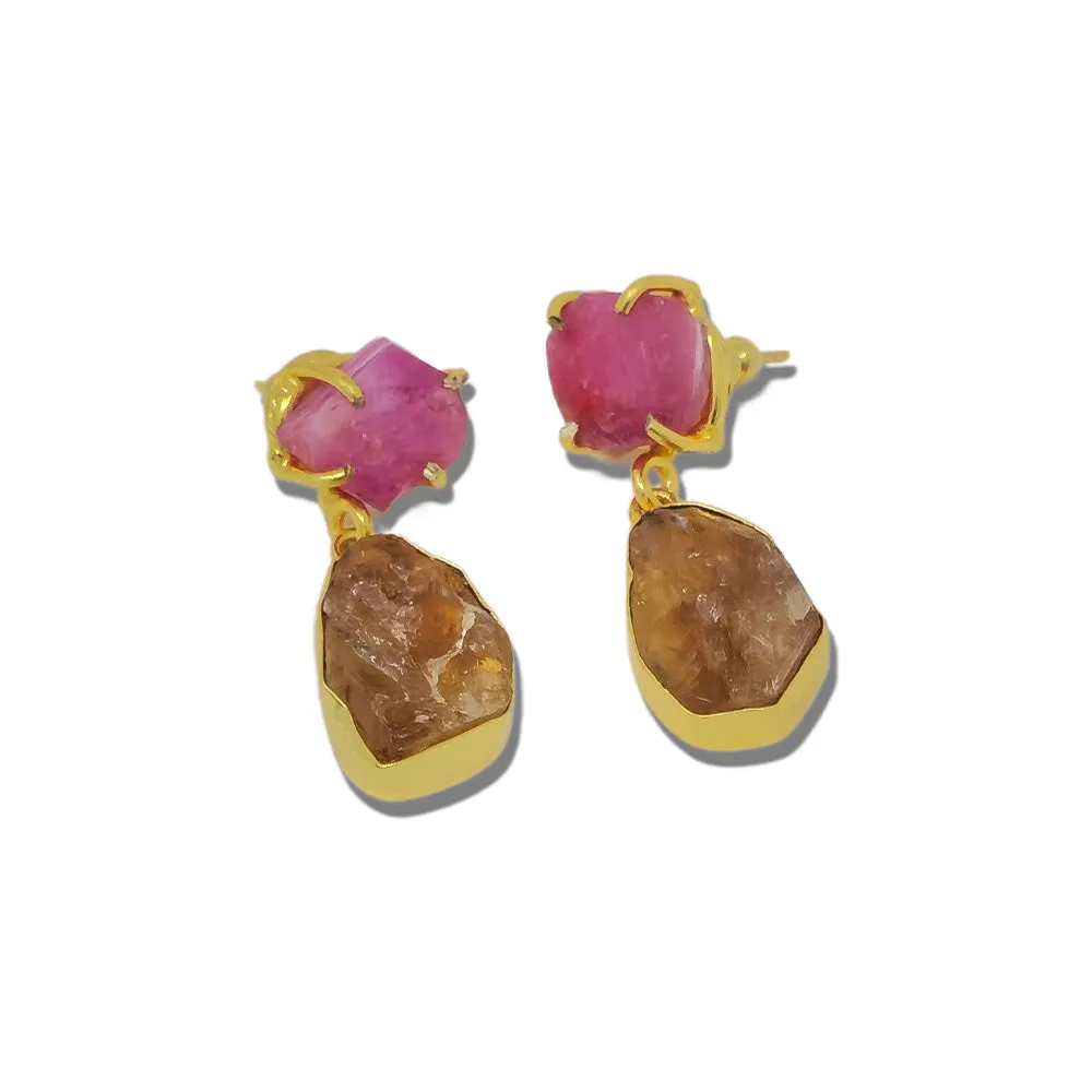 Raw Ruby and Honey Citrine Dangle Earrings sold by T&C Floral Company