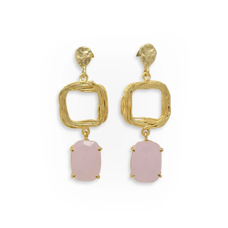 Geometric Square & Rose Quartz Color Dangle Earrings sold by T&C Floral Company