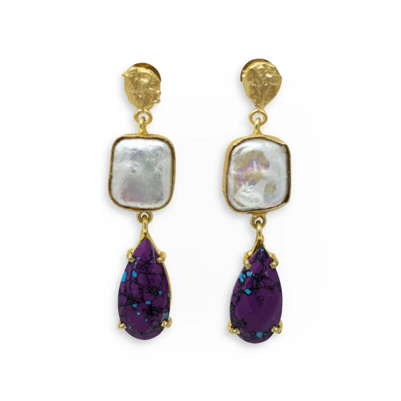 Purple Howlite and Pearl Dangle Earrings sold by T&C Floral Company
