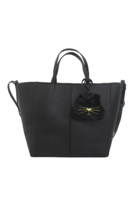 Mini Tote with Plush Cat Charm in Black sold by T-Shirt & Jeans