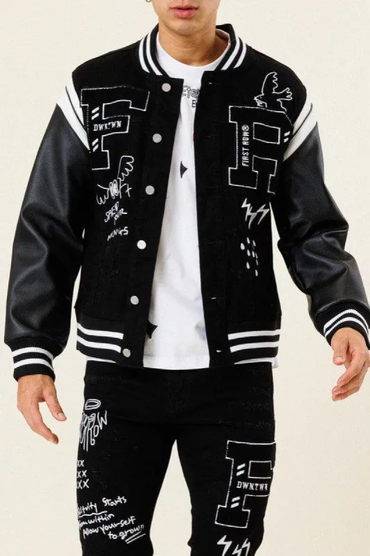 MULTI PATCH  VARSITY BLACK  DENIM JACKET sold by T-Shirt Addicts