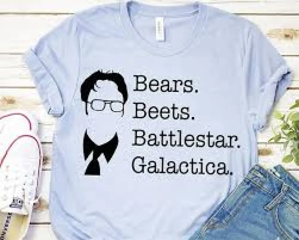 Dwight Schrute (The Office TV Show) Bear Beets Battlestar Galactica T-Shirt* sold by T-Shirt Addicts