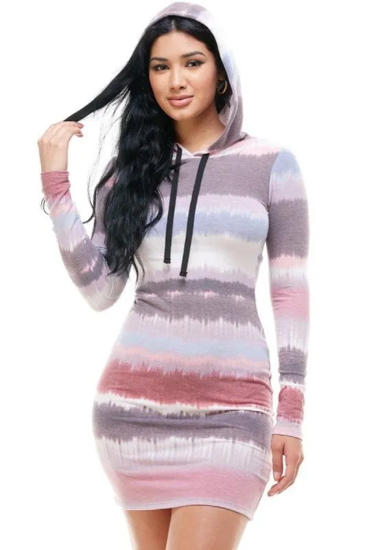 STRIPE TIEDYE LONG SLEEVE HOODED DRESS* sold by T-Shirt Addicts