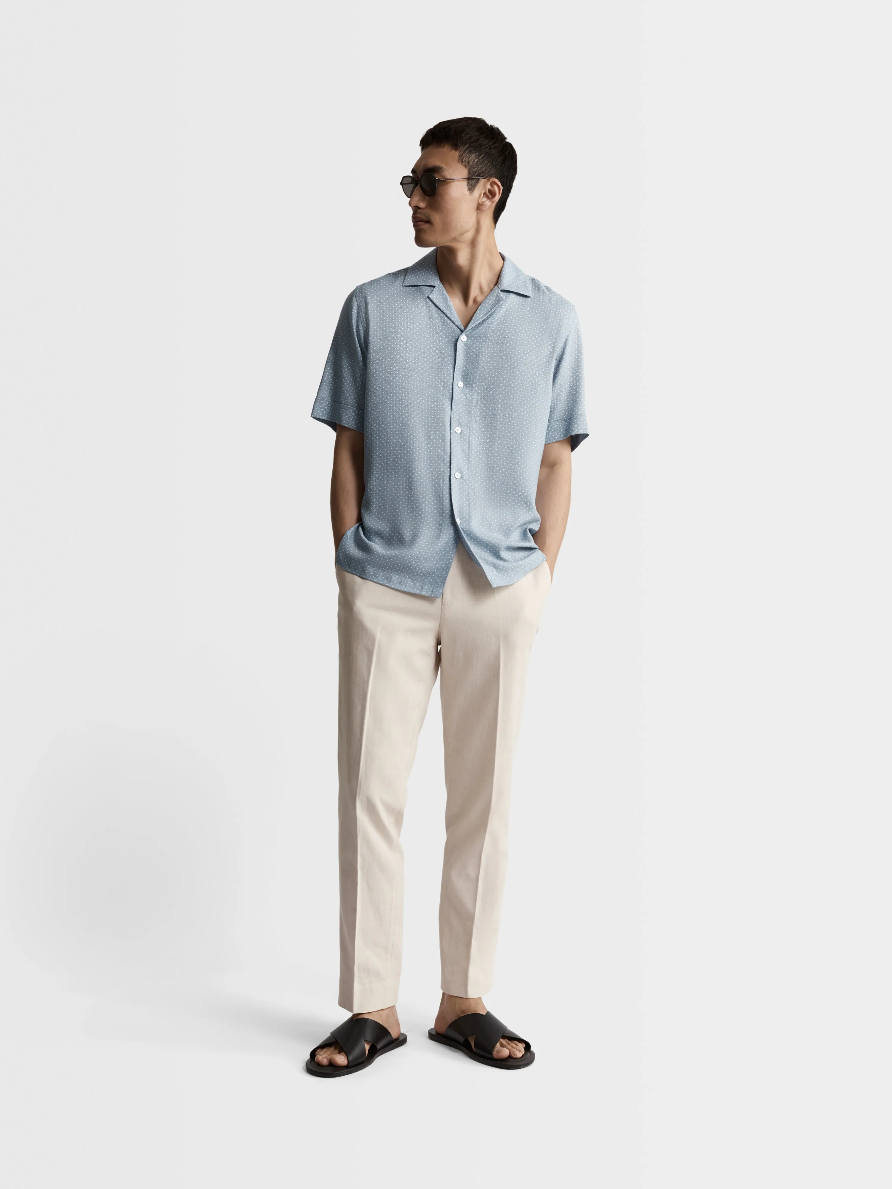 Blue Printed Plain Weave Regular Fit Short Sleeve Revere Collar Shirt sold by T.M.Lewin product image thumbnail 3