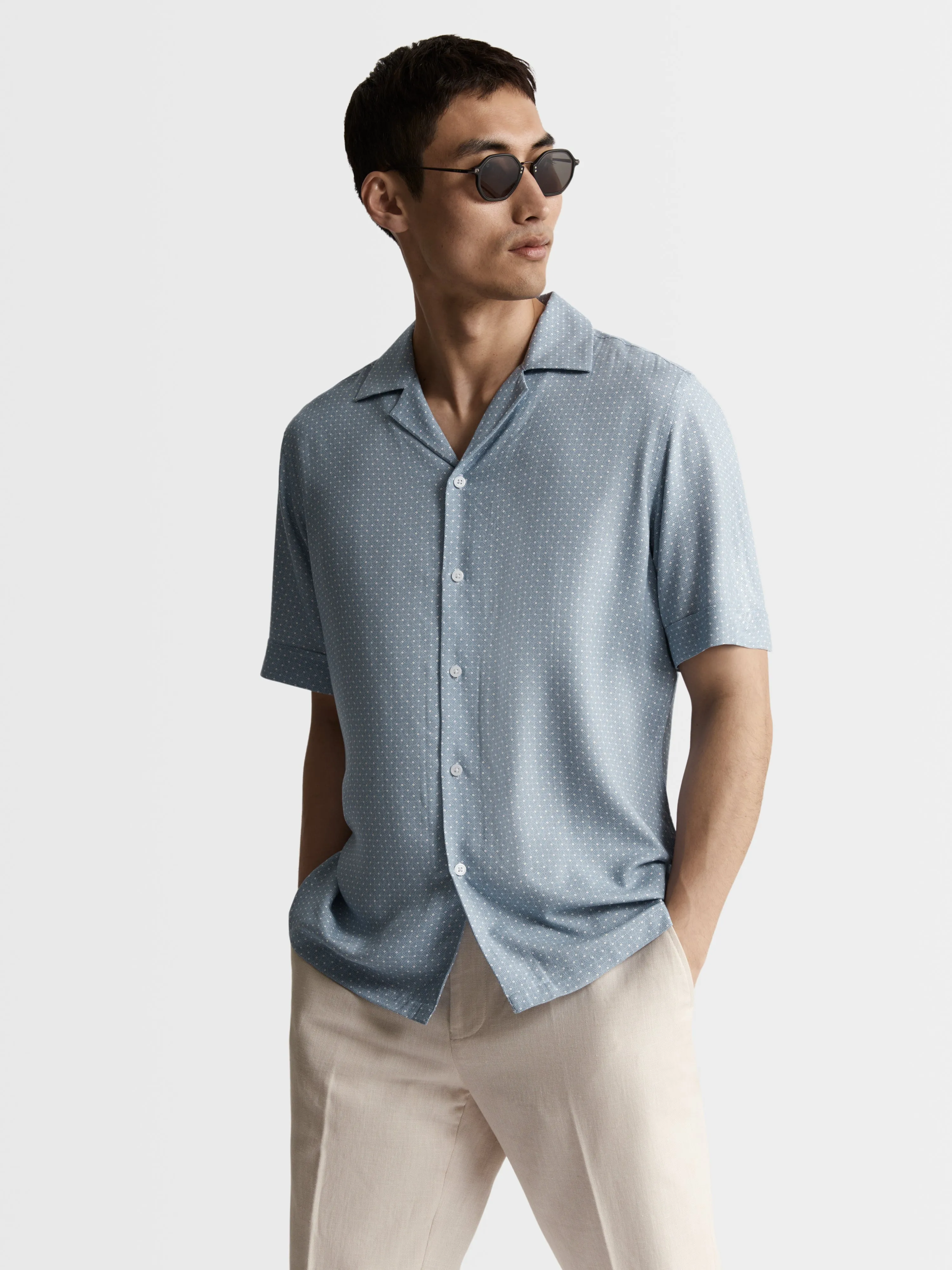 Blue Printed Plain Weave Regular Fit Short Sleeve Revere Collar Shirt sold by T.M.Lewin