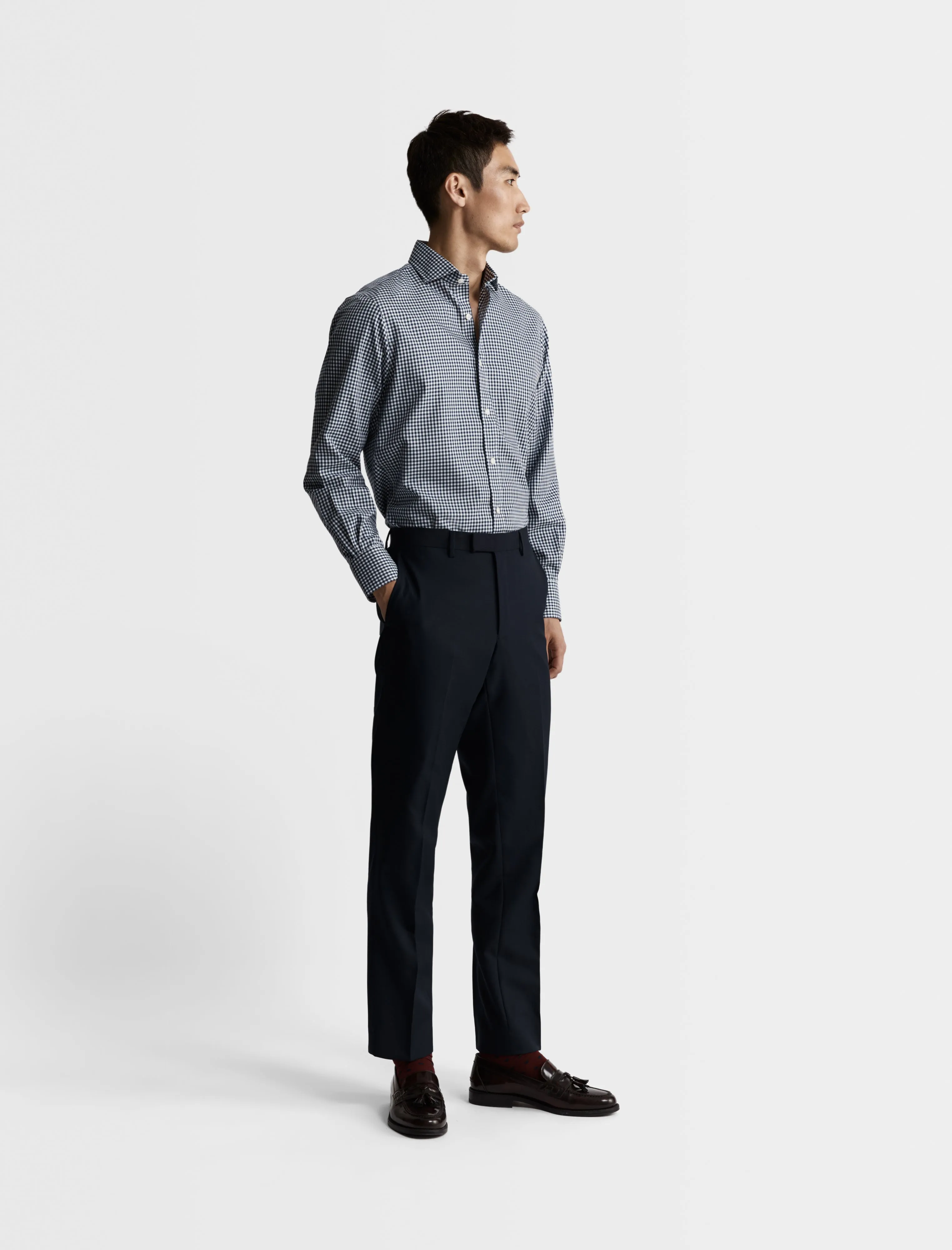 Non-Iron Navy Blue Gingham Twill Super Fitted Single Cuff Classic Collar Shirt sold by T.M.Lewin product image thumbnail 5