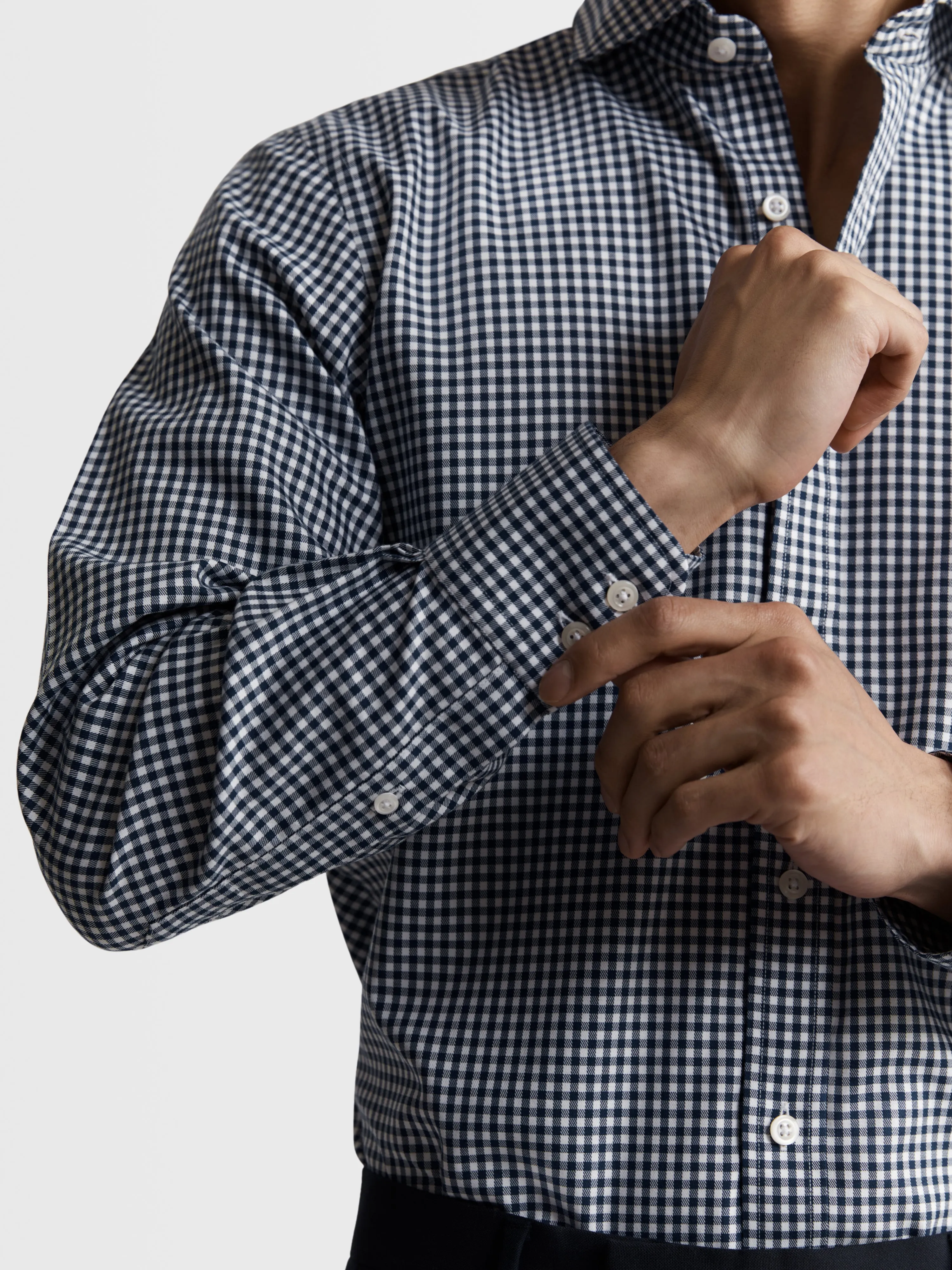 Non-Iron Navy Blue Gingham Twill Super Fitted Single Cuff Classic Collar Shirt sold by T.M.Lewin product image thumbnail 3