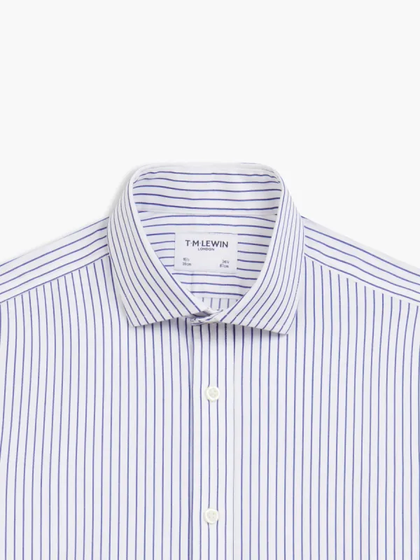 Non-Iron Navy Blue Wide Pinstripe Oxford Fitted Single Cuff Cutaway Collar Shirt sold by T.M.Lewin
