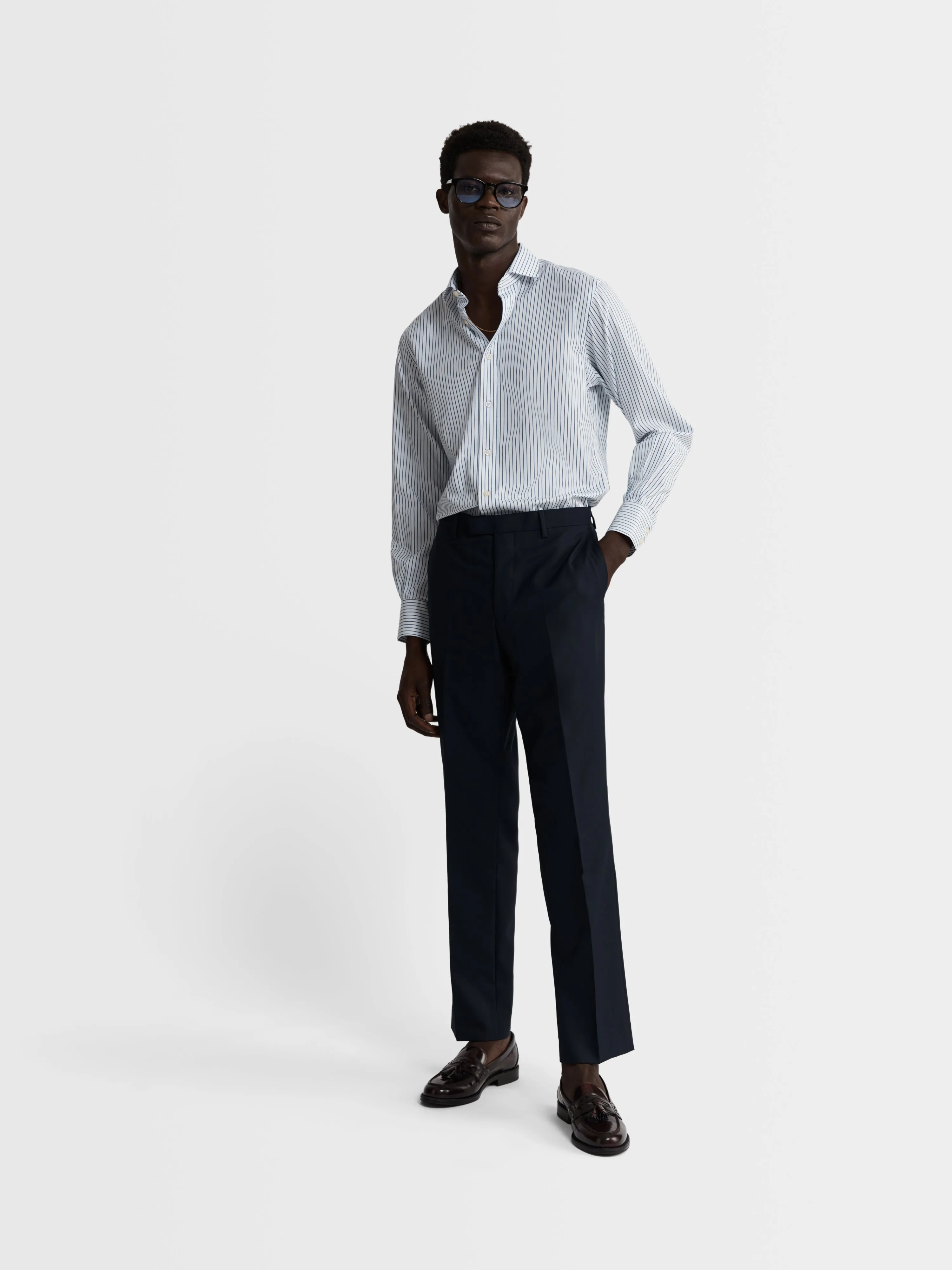 Non-Iron Navy Blue Bold Stripe Twill Slim Fit Single Cuff Semi-Cutaway Collar Shirt sold by T.M.Lewin product image thumbnail 3