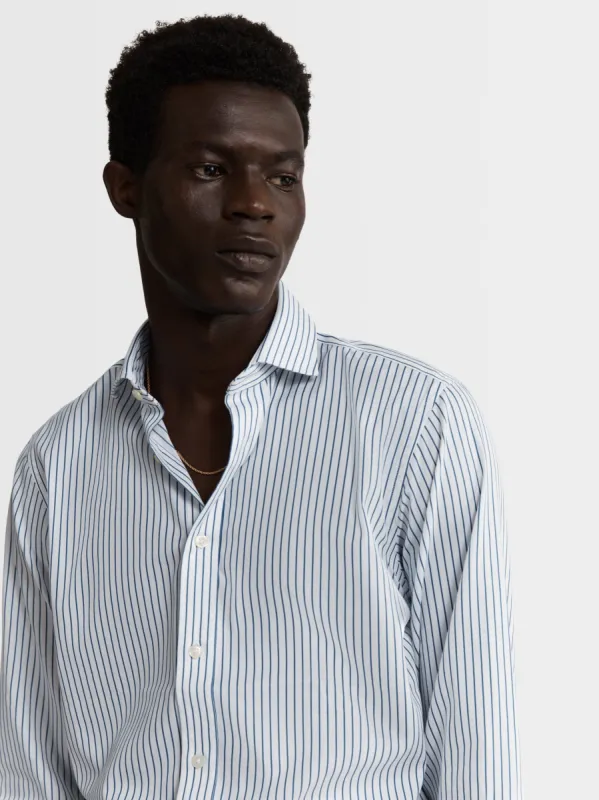 Non-Iron Navy Blue Bold Stripe Twill Slim Fit Single Cuff Semi-Cutaway Collar Shirt sold by T.M.Lewin