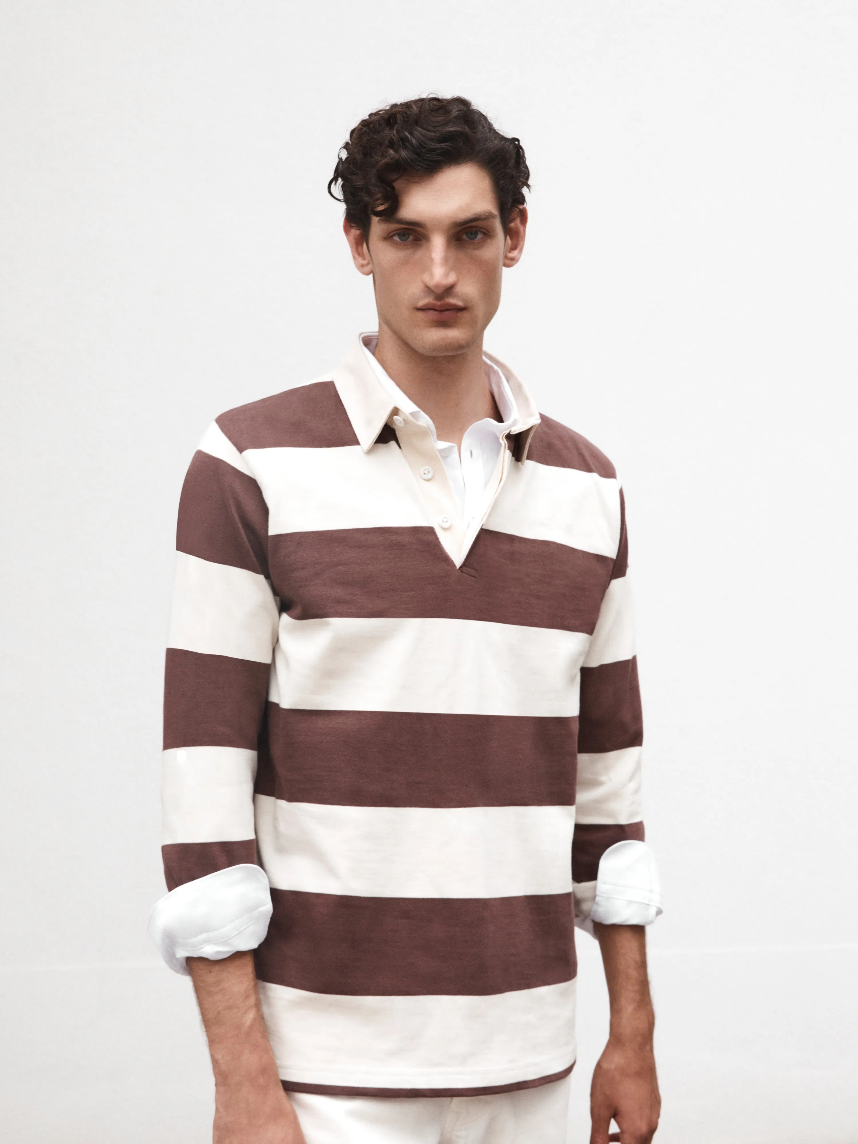 Cotton Rugby Shirt in Brown Stripe sold by T.M.Lewin