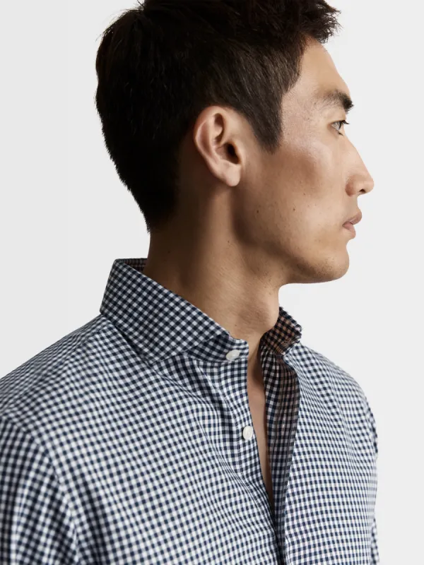 Non-Iron Navy Blue Gingham Twill Fitted Single Cuff Classic Collar Shirt sold by T.M.Lewin