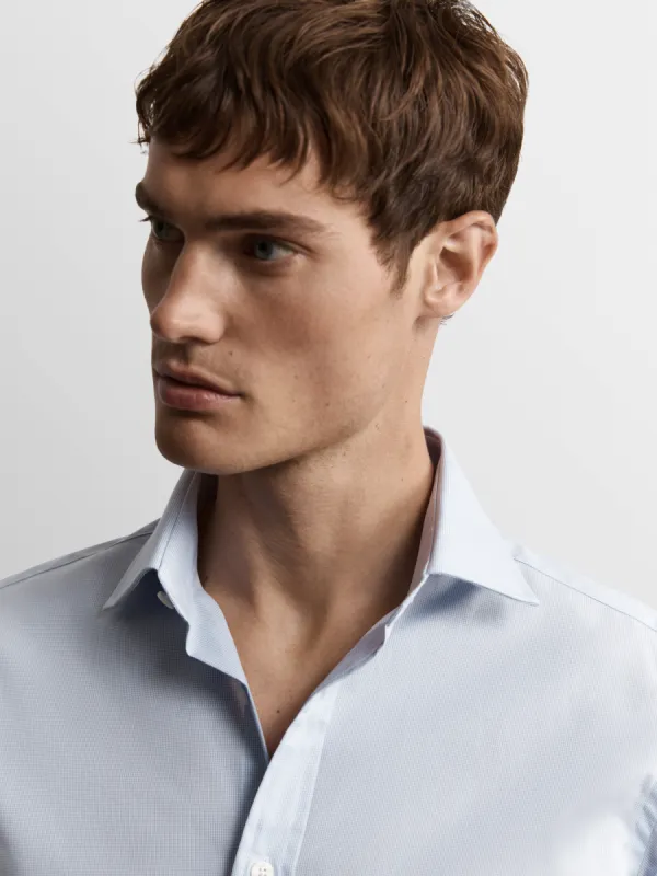 Light Blue Micro Check Plain Weave Regular Fit Double Cuff Classic Collar Shirt sold by T.M.Lewin