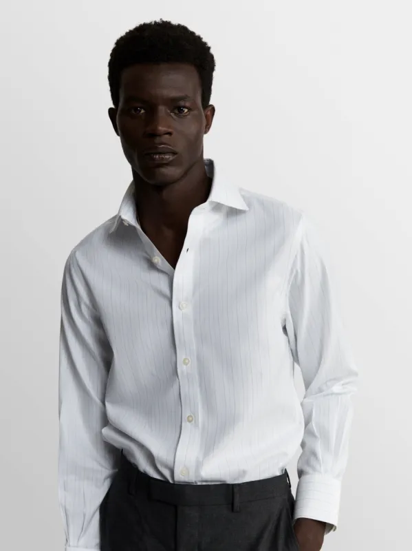 Non-Iron Navy Blue Fine Stripe Herringbone Super Fitted Single Cuff Classic Collar Shirt sold by T.M.Lewin