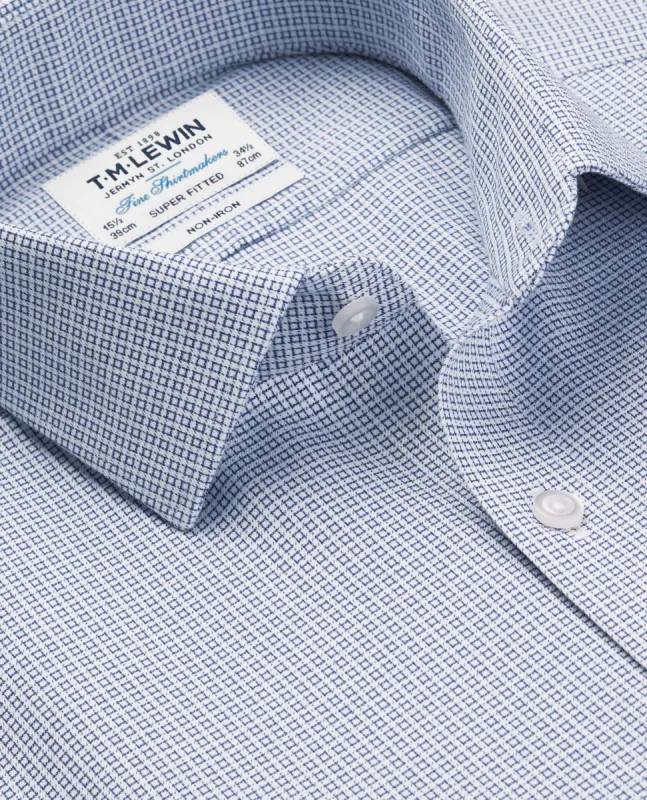 Non-Iron Super Fitted Single Cuff Geo Squares Blue Shirt made by T.M.Lewin