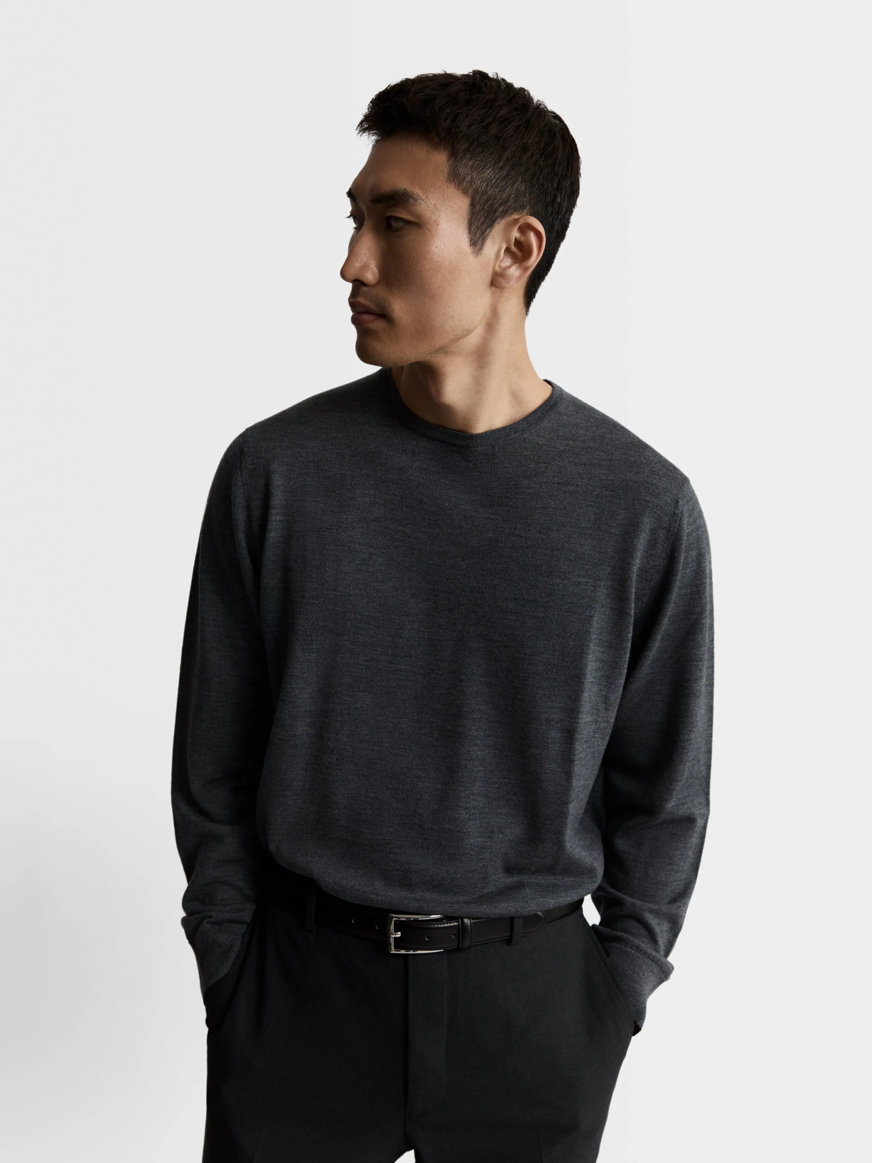 Romney Charcoal Crew Neck Slim Fit Merino Wool Jumper sold by T.M.Lewin