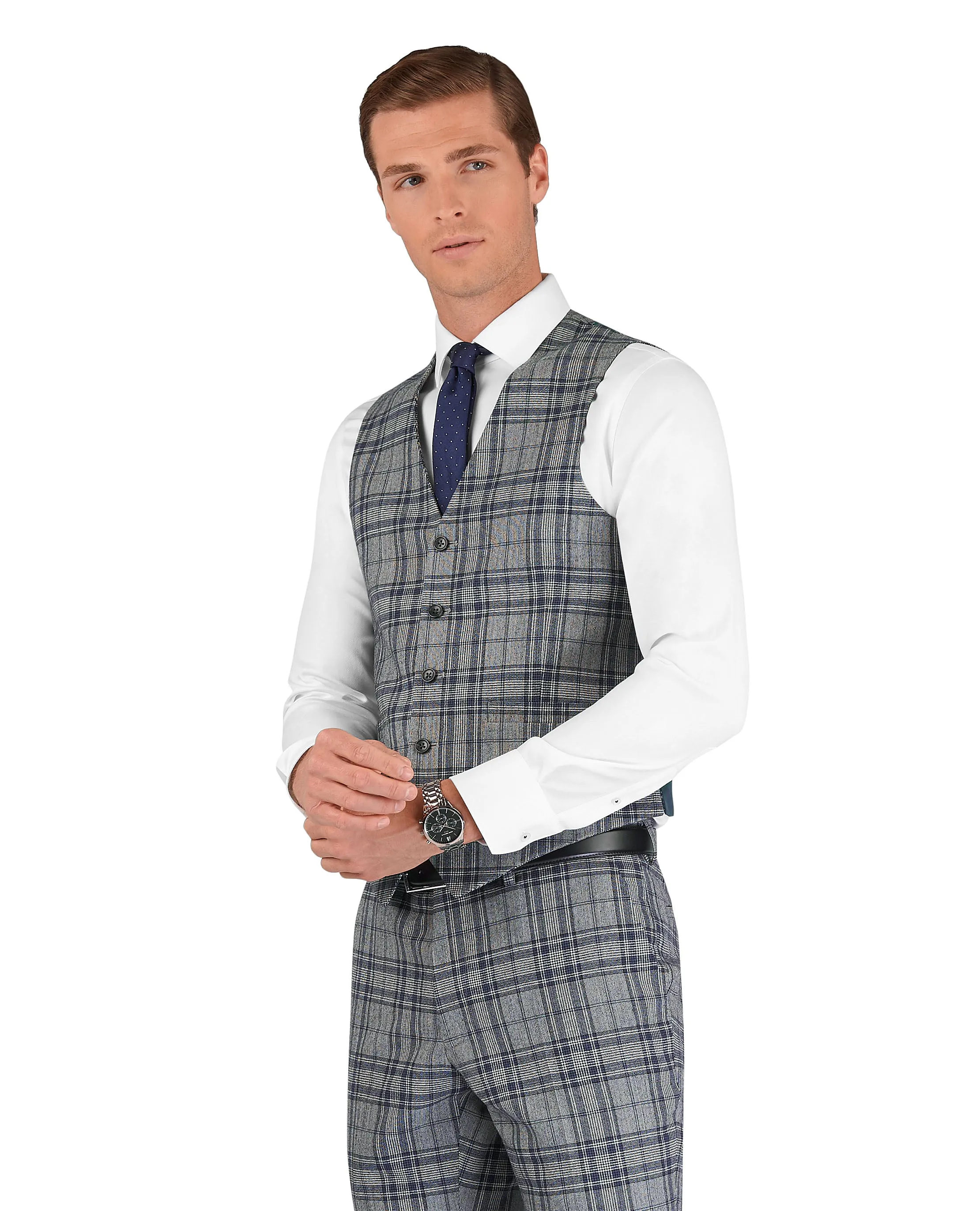 The Lyric Slim Fit Grey Check Waistcoat sold by T.M.Lewin