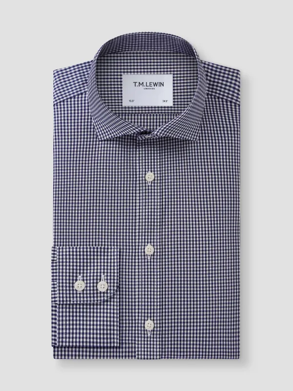 Non-Iron Gingham Navy Poplin Slim Fit Single Cuff Classic Collar Shirt sold by T.M.Lewin