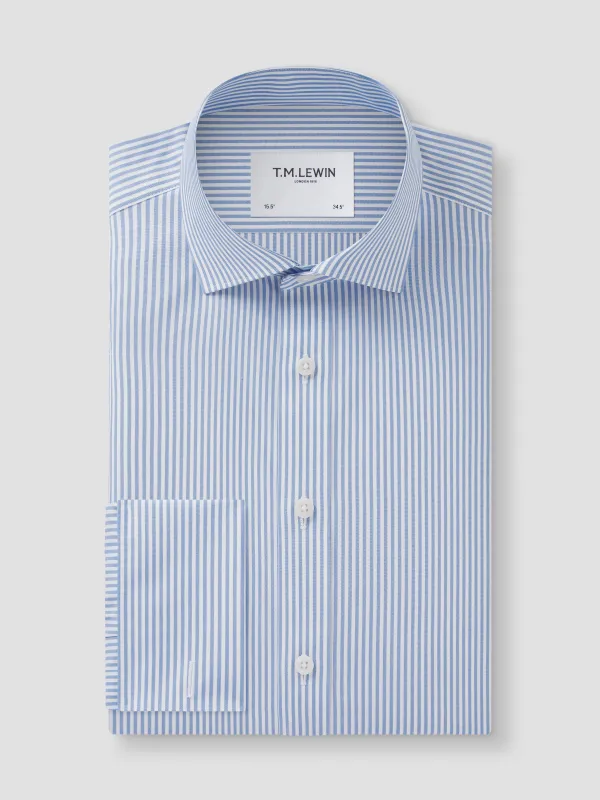 Non-Iron Bengal Stripe Light Blue Poplin Fitted Double Cuff Classic Collar Shirt sold by T.M.Lewin