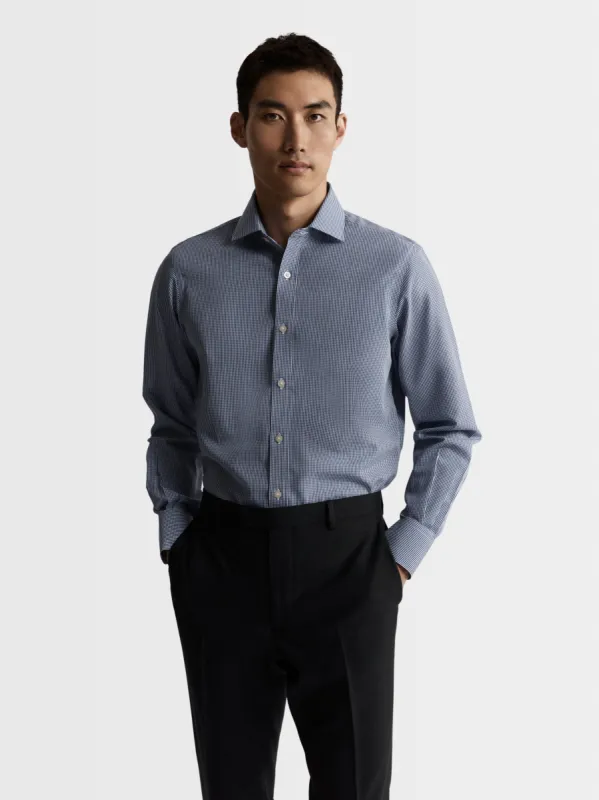 Non-Iron Navy Blue Mini Gingham Poplin Slim Fit Single Cuff Classic Collar Shirt sold by T.M.Lewin