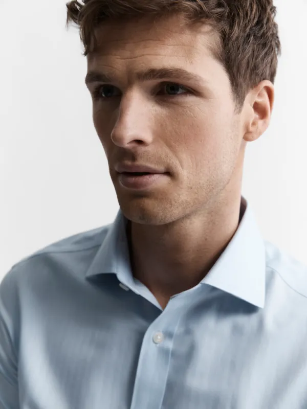 Non-Iron Light Blue Small Herringbone Regular Fit Single Cuff Classic Collar Shirt sold by T.M.Lewin