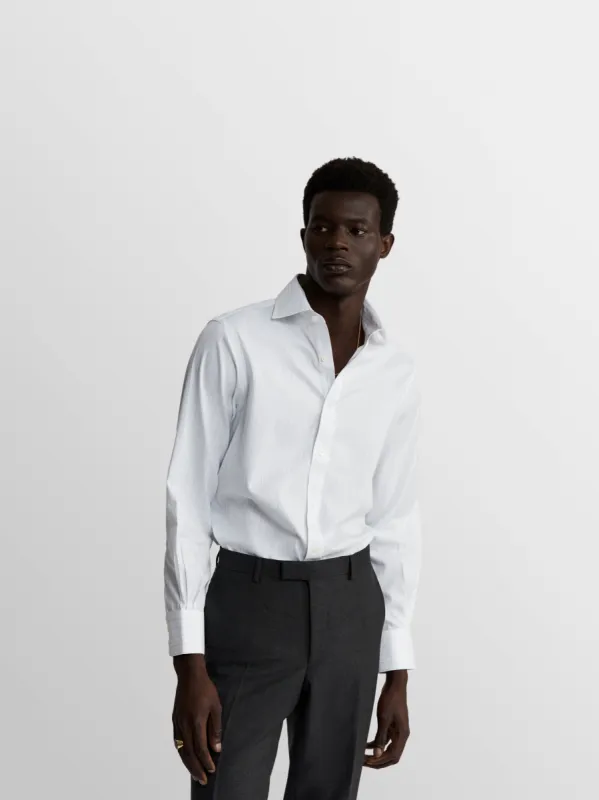 Non-Iron Navy Blue Fine Stripe Herringbone Fitted Single Cuff Classic Collar Shirt sold by T.M.Lewin