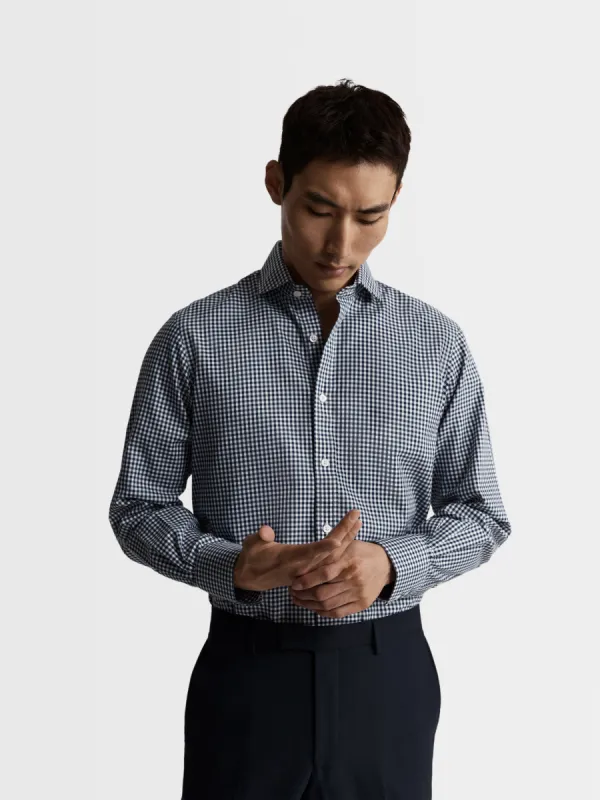 Non-Iron Navy Blue Gingham Twill Slim Fit Single Cuff Classic Collar Shirt sold by T.M.Lewin