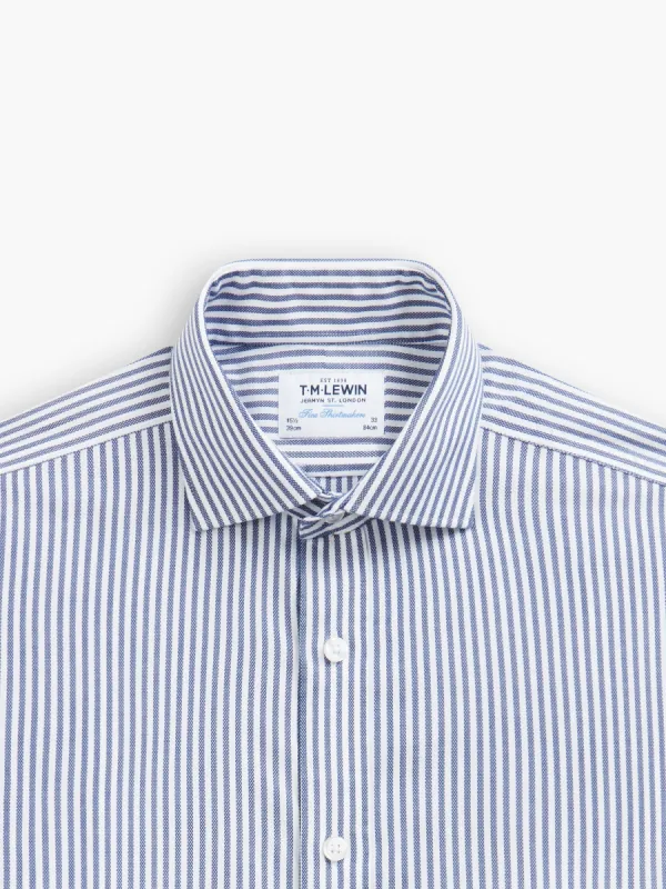 Non-Iron Navy Blue Candy Stripe Oxford Fitted Single Cuff Cutaway Collar Shirt sold by T.M.Lewin
