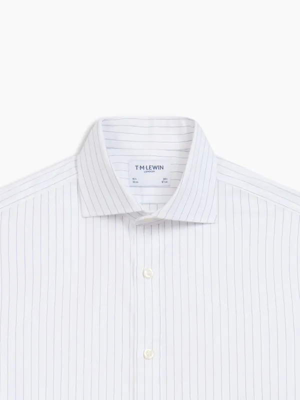 Non-Iron Navy Blue Wide Dash Stripe Plain Weave Regular Fit Single Cuff Semi-Cutaway Collar Shirt sold by T.M.Lewin