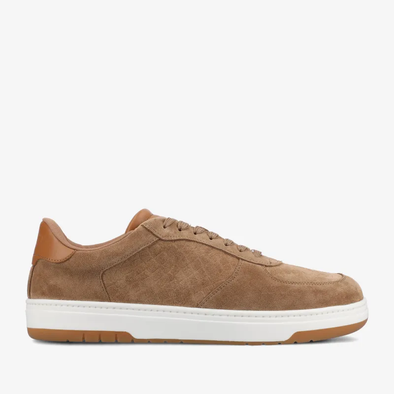 The Rapido Low-Top Sneaker in Taupe Suede sold by Taft