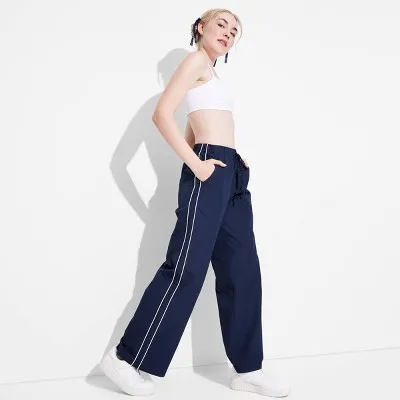 Women's Mid-Rise Wide Leg Track Pants - Wild Fable™ Navy Blue L sold by Target