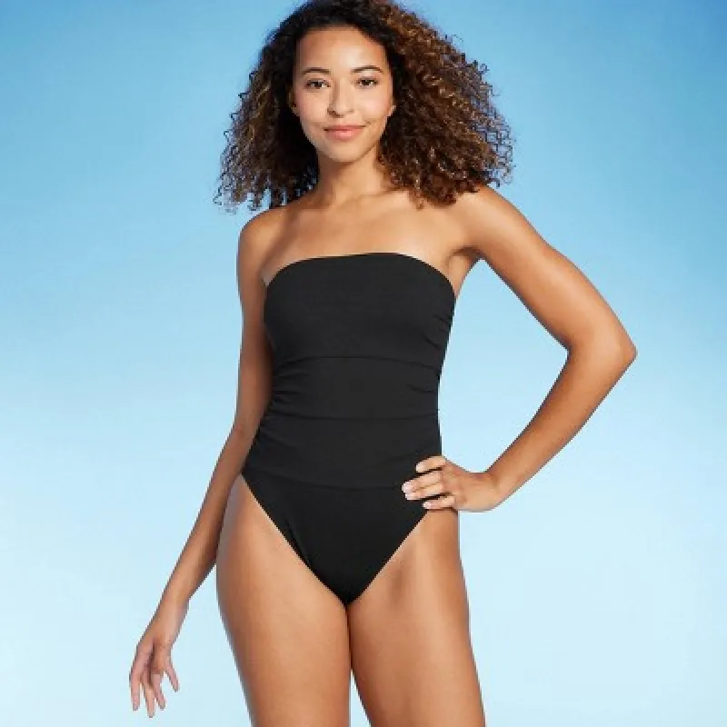 Women's Shirred Ribbed Bandeau Cheeky One Piece Swimsuit - Shade & Shore™