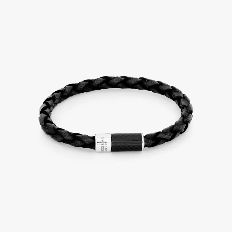 Carbon Pop bracelet with black leather and black carbon fibre sold by Tateossian