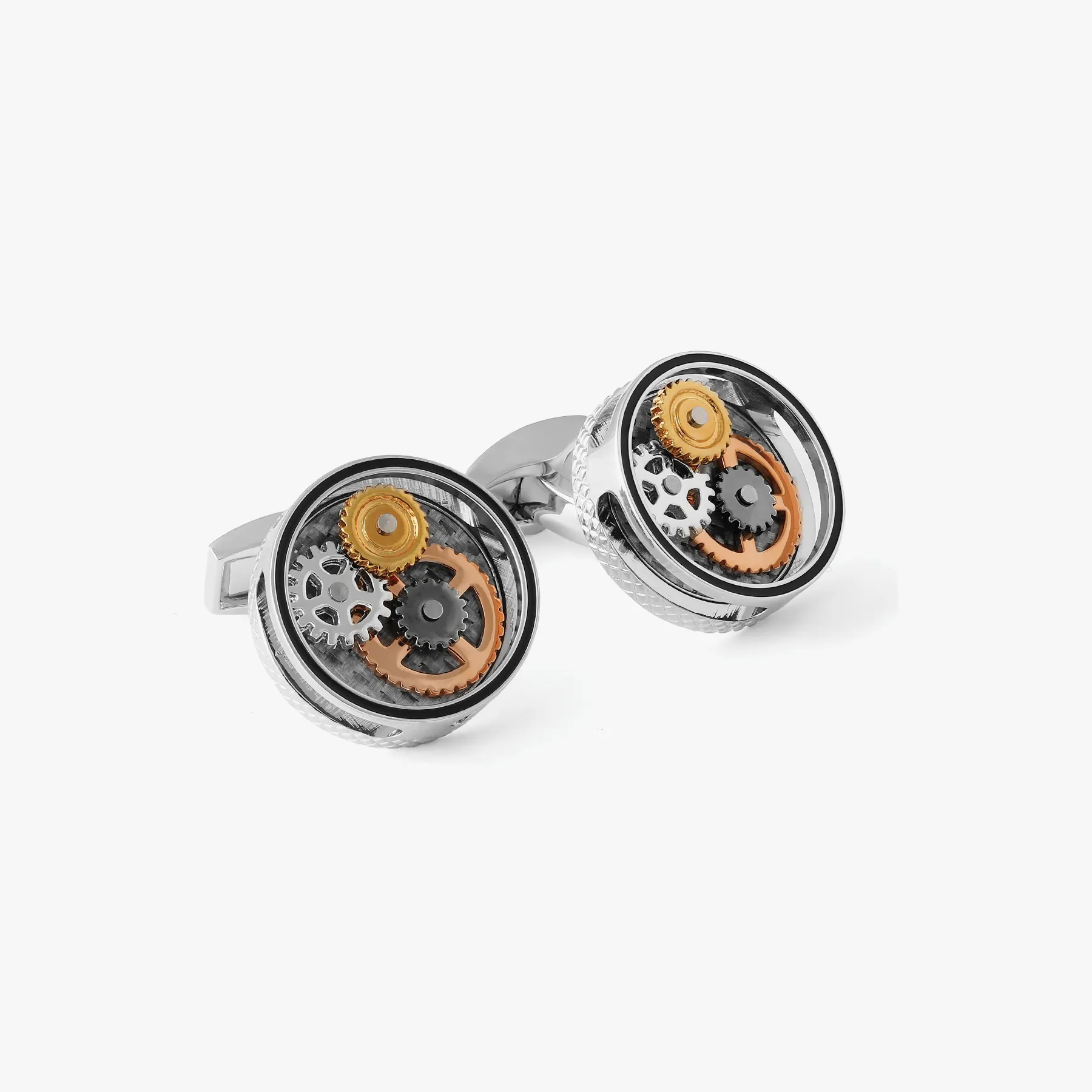 Round Carbon Gear Cufflinks in Palladium Plated sold by Tateossian