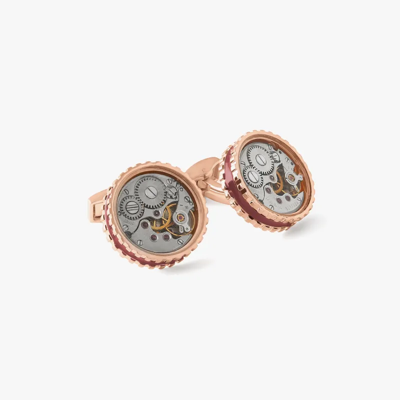 Round Skeleton Gear cufflinks with burgundy enamel in rose gold plated stainless steel sold by Tateossian