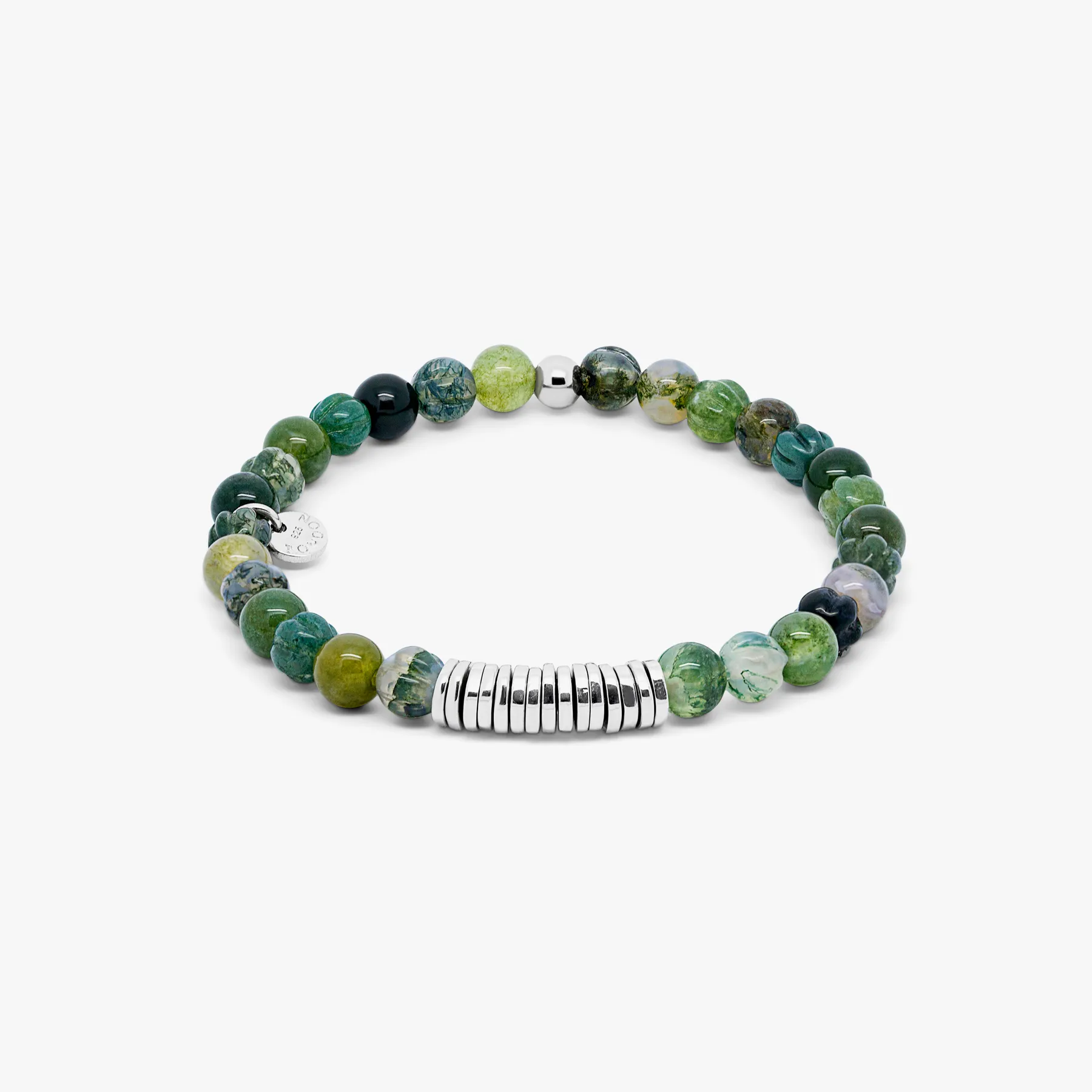 Classic Discs Beaded Bracelet In Rhodium Plated Silver With Green Moss Agate sold by Tateossian