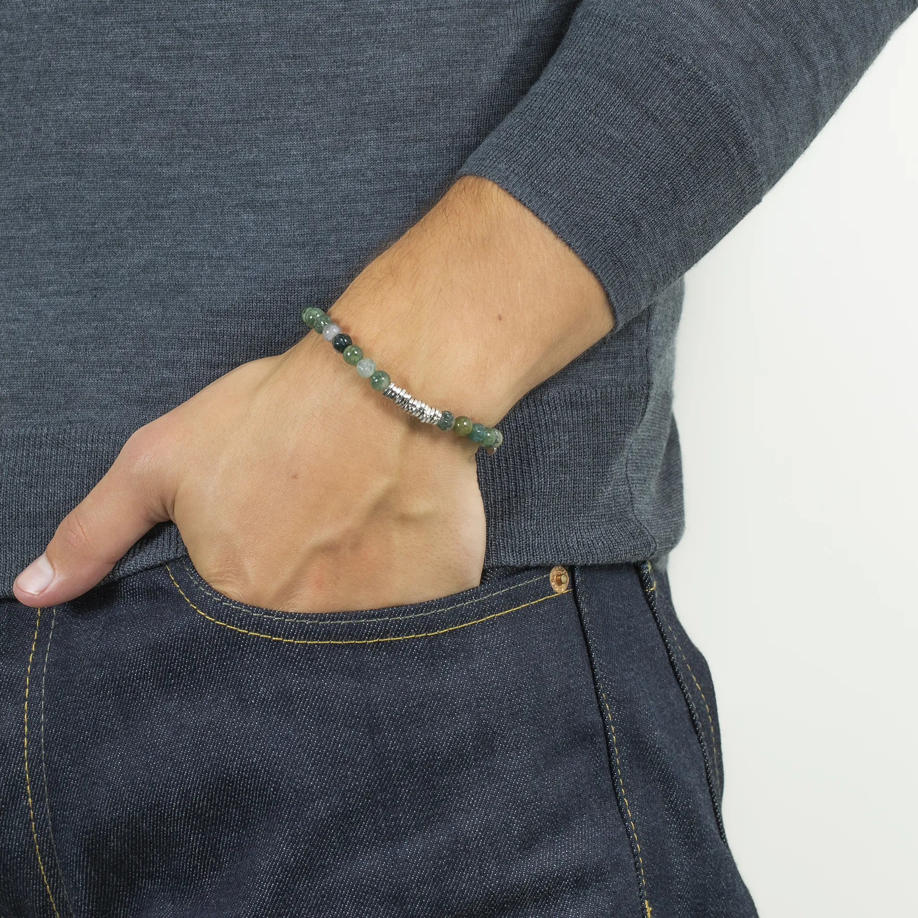 Classic Discs Beaded Bracelet In Rhodium Plated Silver With Green Moss Agate sold by Tateossian product image thumbnail 2