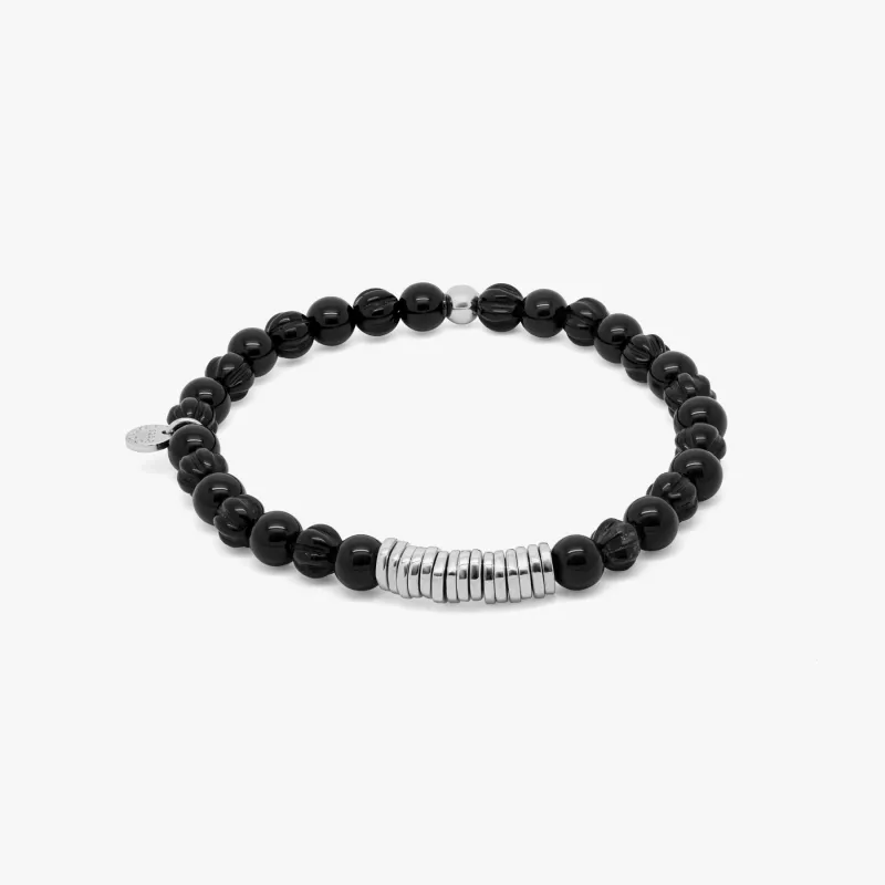 Classic Discs Beaded Bracelet  In Rhodium Plated Silver With Black Agate sold by Tateossian