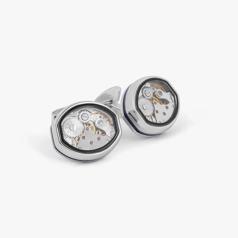 Tonneau Skeleton Cufflinks in Palladium & Blue Enamel sold by Tateossian