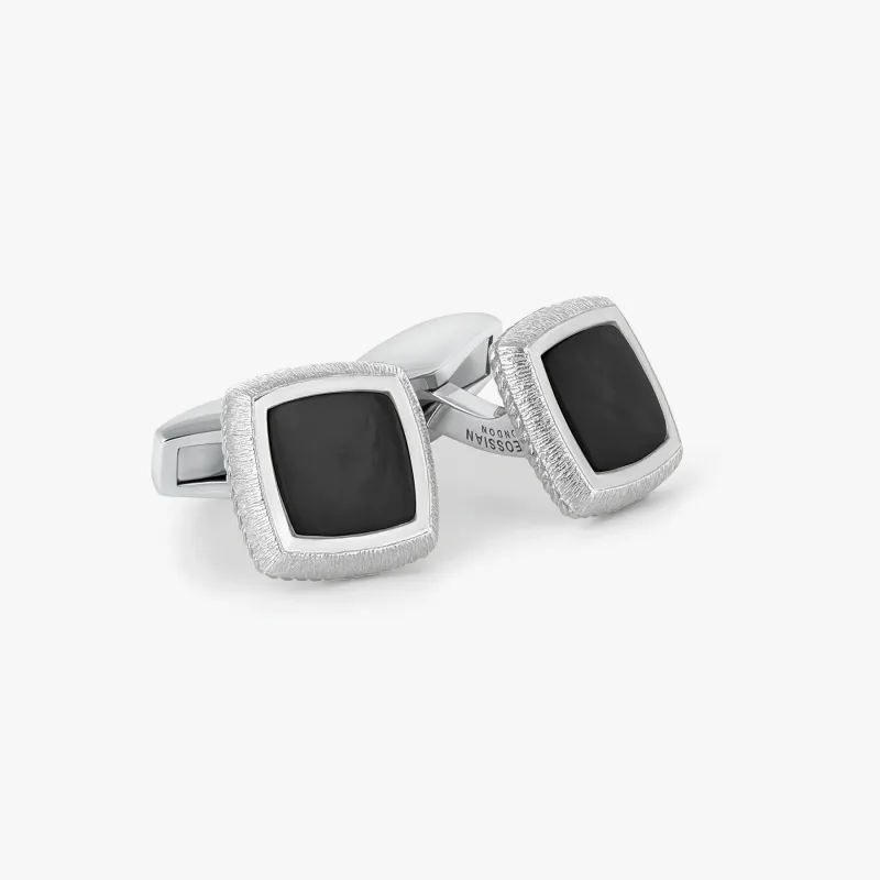 Graffiato Square Cufflinks in White Rhodium Plated Silver and Black Onyx sold by Tateossian