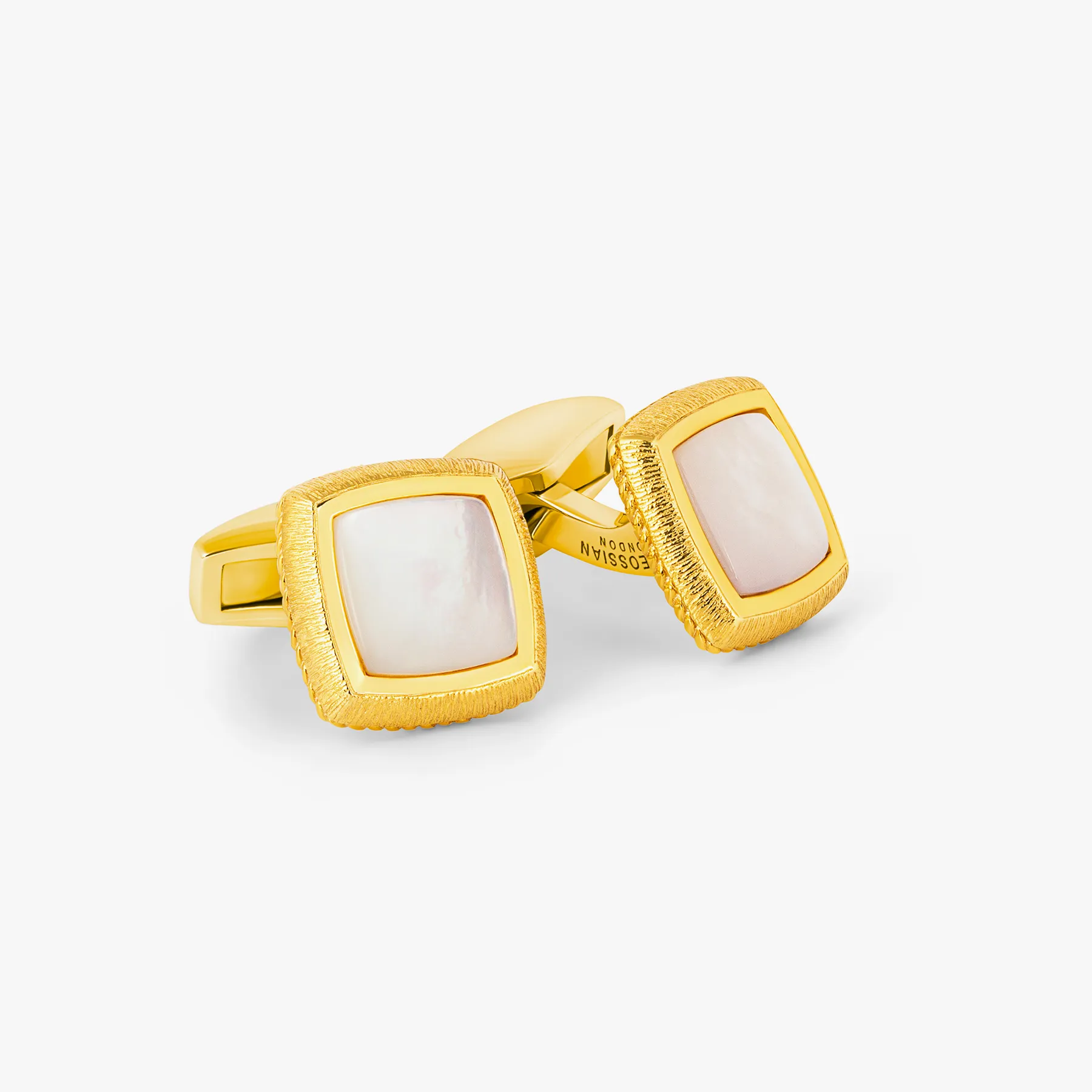 Graffiato Square Cufflinks in Yellow Gold & Mother of Pearl sold by Tateossian