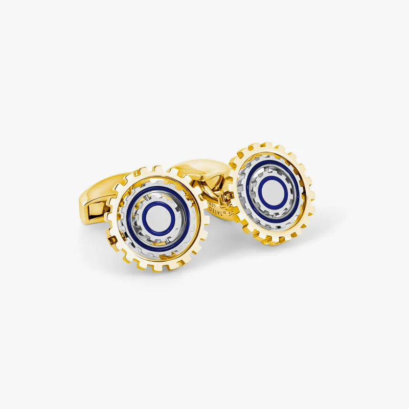 Orbit Gear Cufflinks in Yellow Gold Plated & Blue Enamel sold by Tateossian