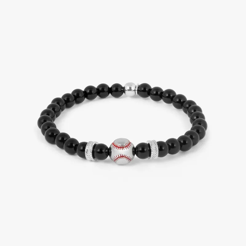 THOMPSON Baseball Beaded Bracelet in Stainless Steel with Black Agate made by Tateossian