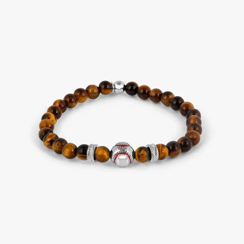 THOMPSON Baseball Beaded Bracelet in Stainless Steel with Brown Tiger Eye made by Tateossian